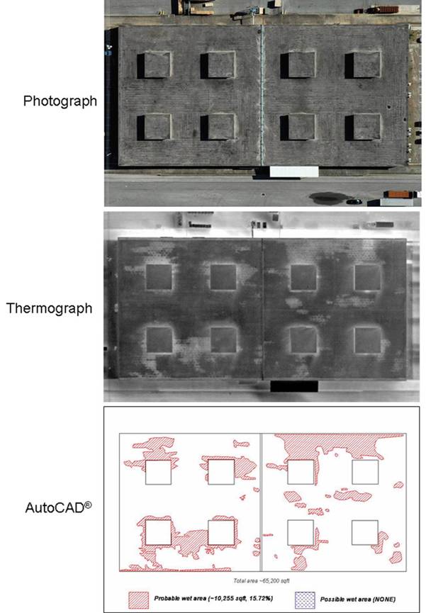 Photograph, thermograph and CAD drawing of a flat roof with moisture contamination